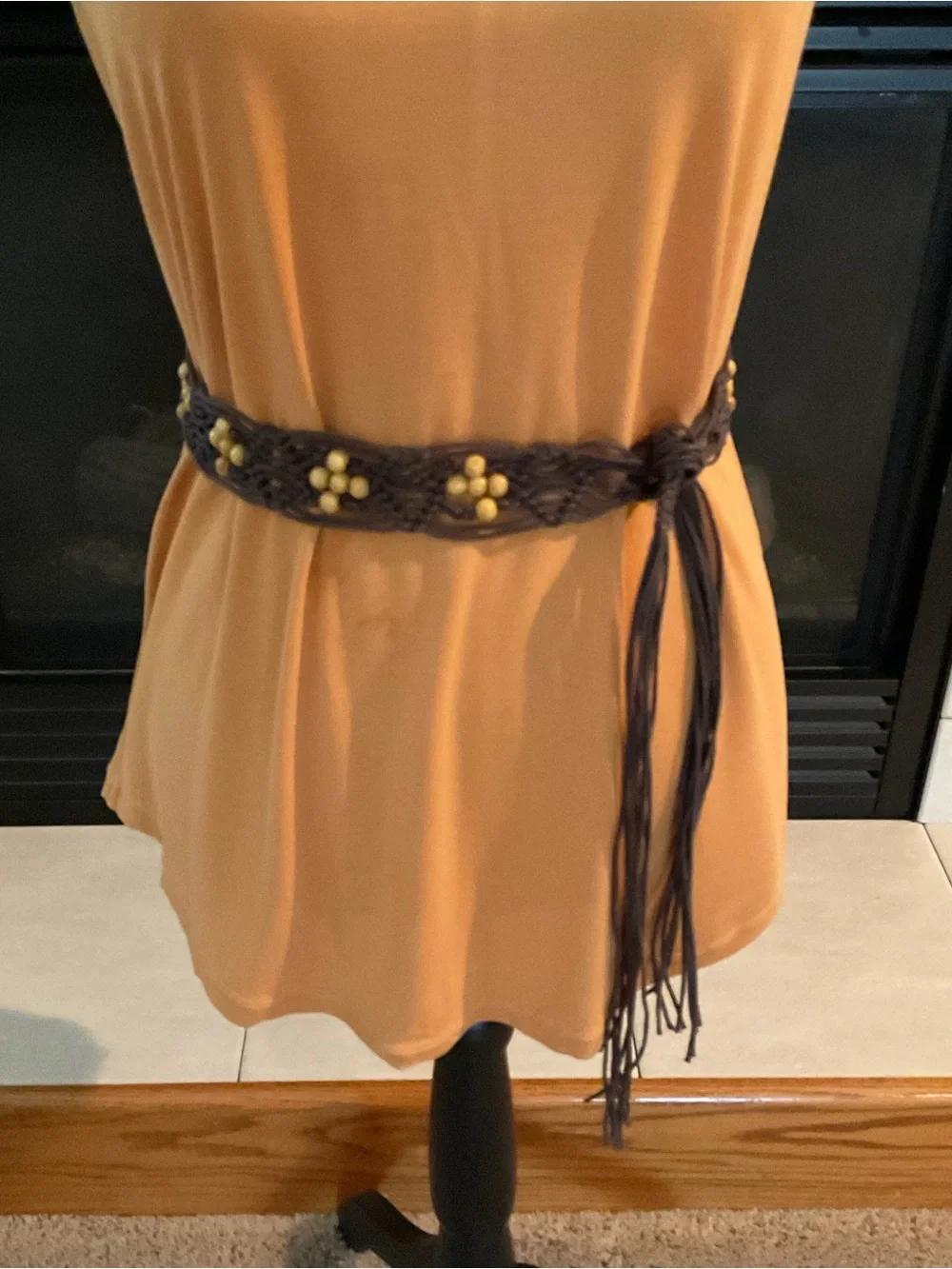 Vintage Boho Macrame Belt Wooden Bead Tassels; Boho Wooden Bead O-Ring Belt, 57”